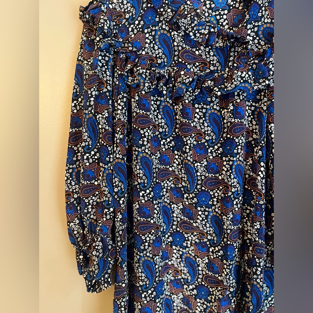 Sandro Paris Paisley Silk Shift Dress Mini Short Ruffle Blue Black Size 1 Small - Picture 4 of 7